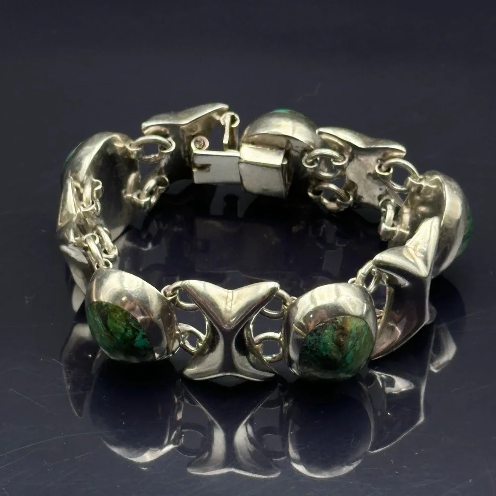 Mexican Sterling Silver Green Stone Bracelet Taxco Hallmark - Picture 3 of 8